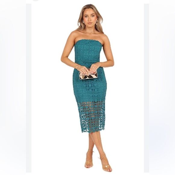 Petal & Pup CANDICE STRAPLESS LACE NWT  Size 14 SElegant Teal Lace Midi Dress - Picture 1 of 5